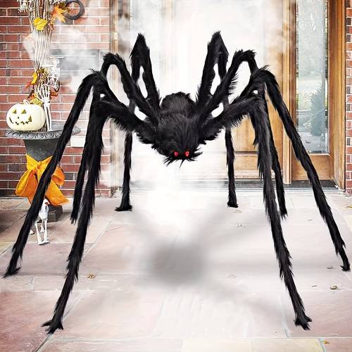 250 cm kæmpe edderkop halloween dekoration – realistisk sort falsk håret med bøjelige ben, indendør/udendør skræmmende pynt til halloween, , thanksgiving have- og grasscene