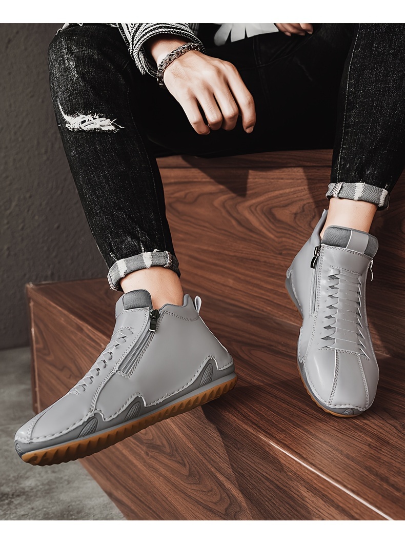 [Casual & Outdoor Shoes] Men's Ankle-High Zipper Boots - PU Upper & Rubber Sole, Slip-On/Lace-Like Zip Closure, All-Terrain Traction (EU 39-48), Casual & Outdoor Shoes for Winter/Spring/Fall, Round Toe Ankle Booties with Cushioned Insole