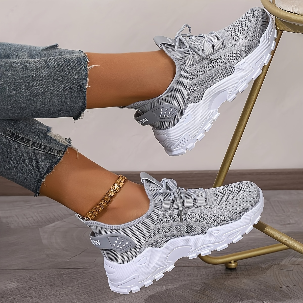 Image of Women's Breathable Knitted Running Sneakers- Lightweight And Comfortable Lace-, Sole, White Low- Toe, Suitable For Casual And Light Sports Wear