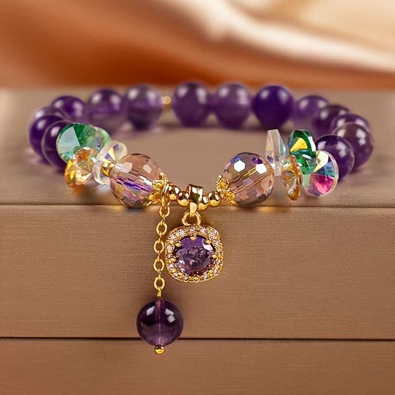 TEMU 1pc Fashionable, Luxurious, And Elegant Artificial Ruby Bracelet With Sparkling Cubic Zirconia Beads And Elegant Amethyst, Suitable For Women As