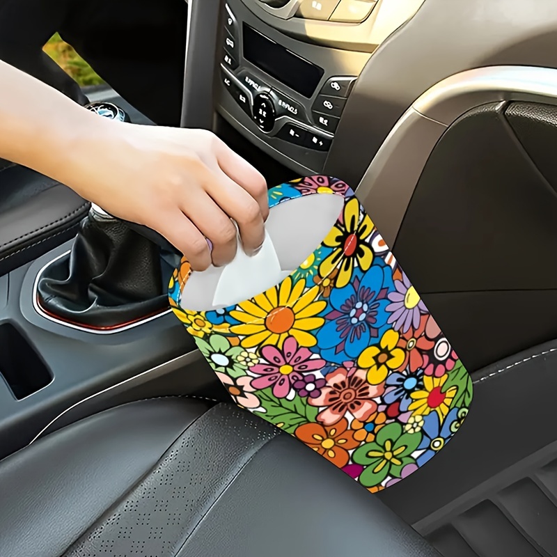 

Chic Floral Car Trash Can - Waterproof, Foldable Organizer For Vehicle Interior, Perfect For Women's Cars, Kitchen & Camping Use - 5.9x7.3 Inches