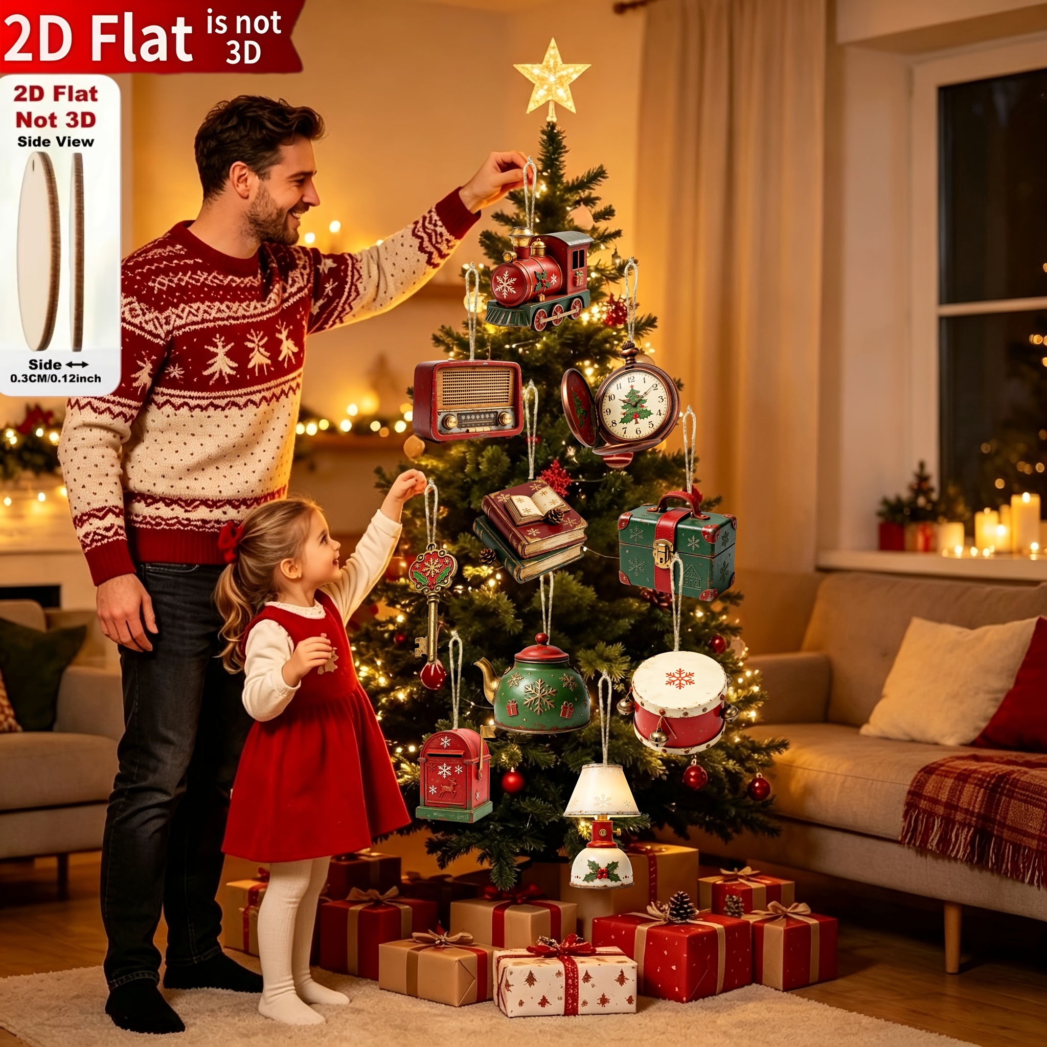 TEMU Piatto 2D, 10 pz Ornamenti Natalizi in Legno 2D, Decorazioni con Design Stampato a Elementi Classici , Ottima Scelta per Decorazioni e Regali di