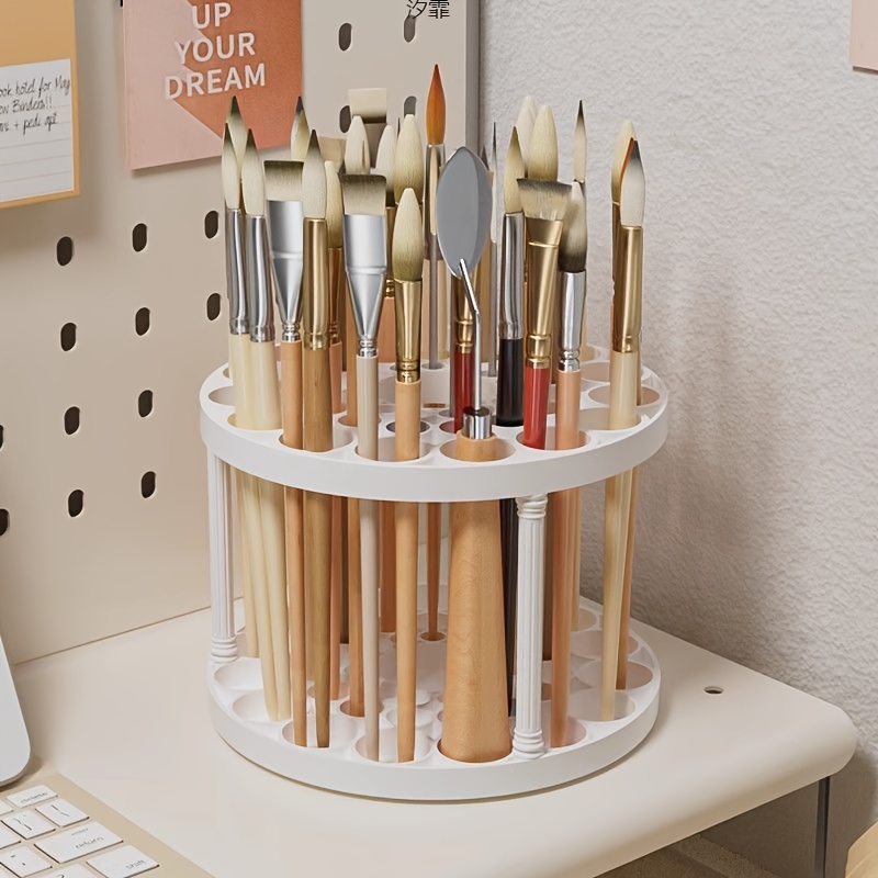 

1pc White Plastic 360° Rotating Paint Brush Holder - Varnished Insert Mount Organizer For Art Brushes, Pens, Makeup Tools - Space-saving Desktop Accessory