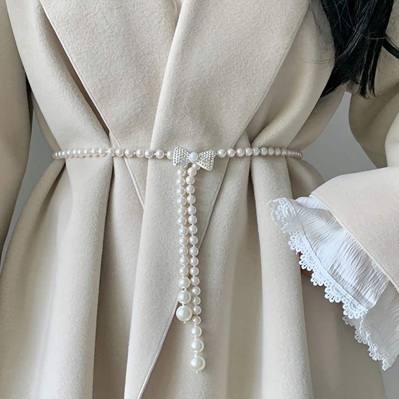 TEMU 1pc Women's Belt, Fashionable And Elegant Pearl Waist Accessory, Vintage Style For Daily Temperament, Pairs With Dresses, Jackets, And Coats,