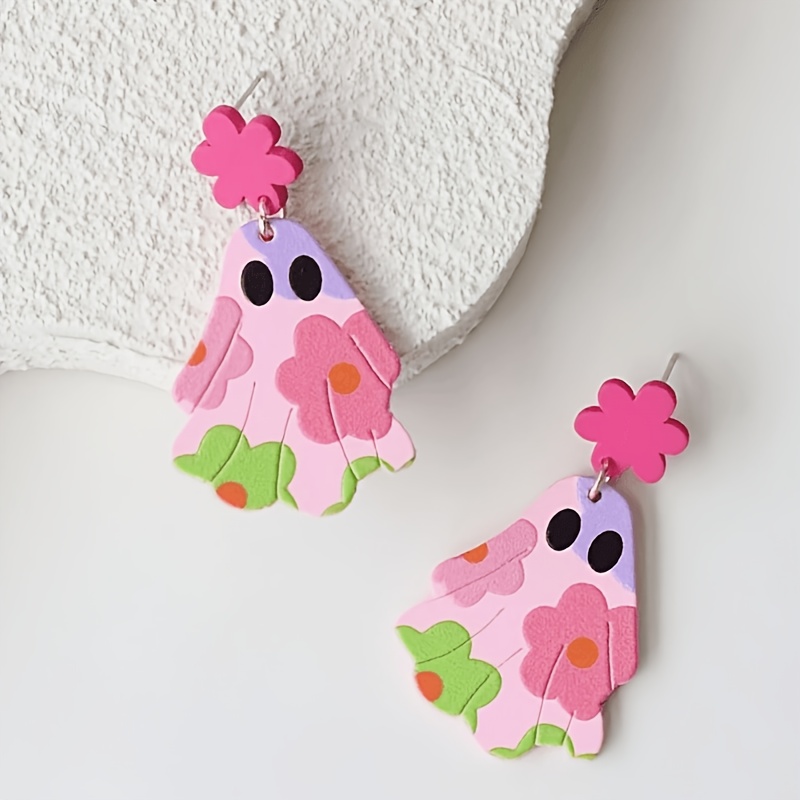 Halloween Pink & Magenta Flower Ghost Acrylic Dangle Earrings