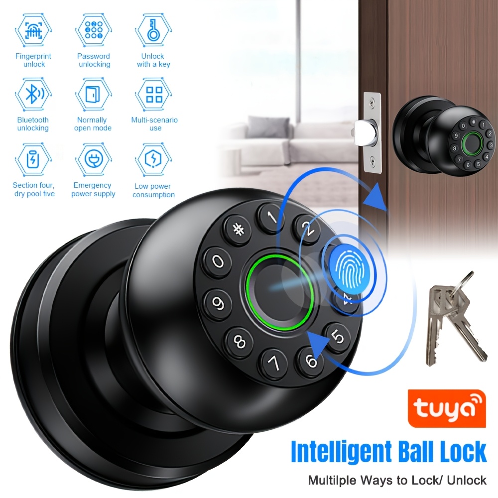TEMU Intelligent 4-in-1 Door Knob Featuring Fingerprint Recognition, Keypad Access, Mobile App Control, And Traditional Keys, Ideal For Gates,