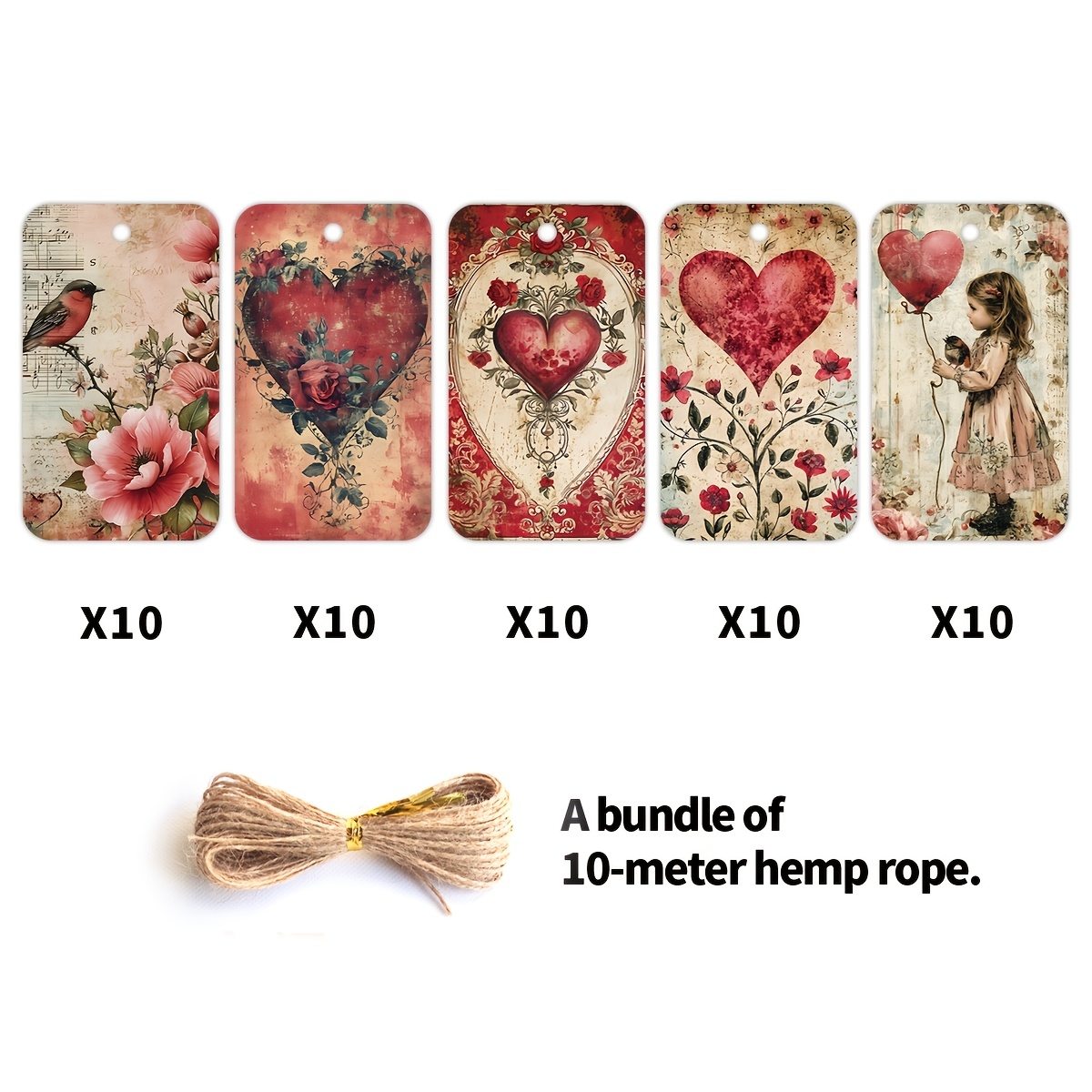 E-shop 50 Stück Vintage Blumenherz-Geschenkanhänger mit Schnur - Europäisches Liebesdesign, Valentinstag-Geschenkanhänger, Papier-Dekorationsanhänger