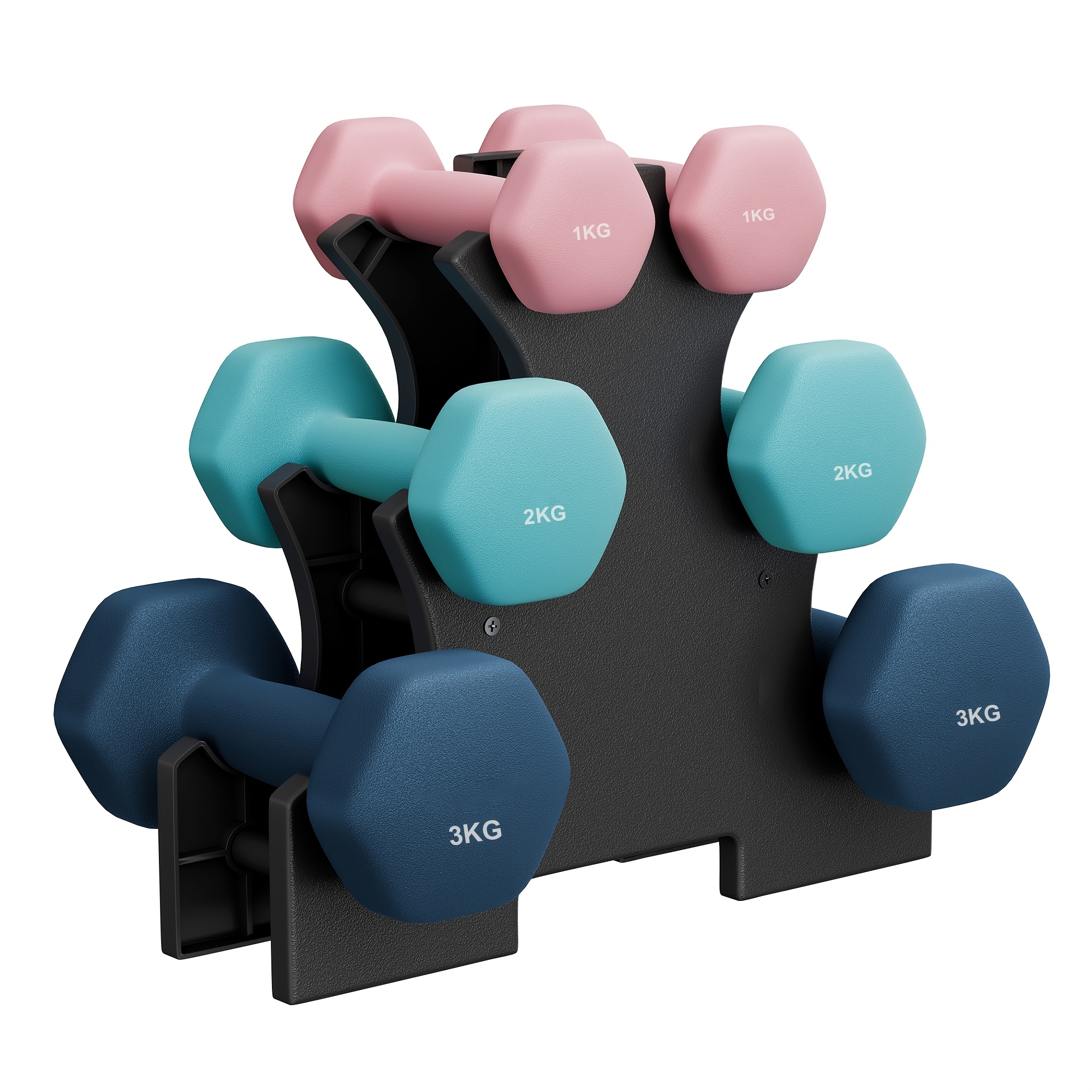 Image of Dumbbell Set, 3 Pairs, 1 Kg, 2 Kg, 3 Kg, Storage, Gym, Strength Training, Light Weights, Suitable For Indoor Fitness And
