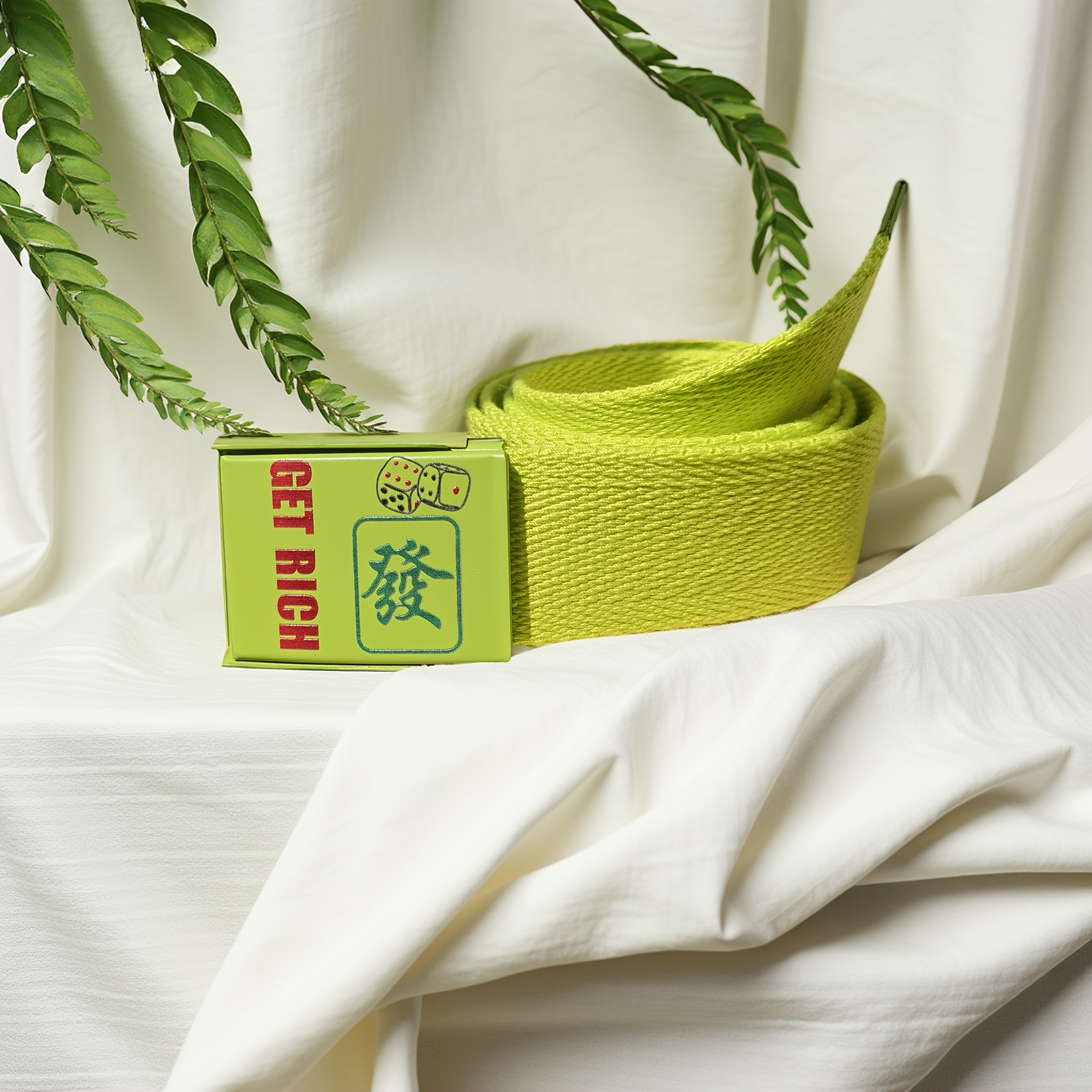 Men'S Green Canvas Belt with GET RICH Motif
