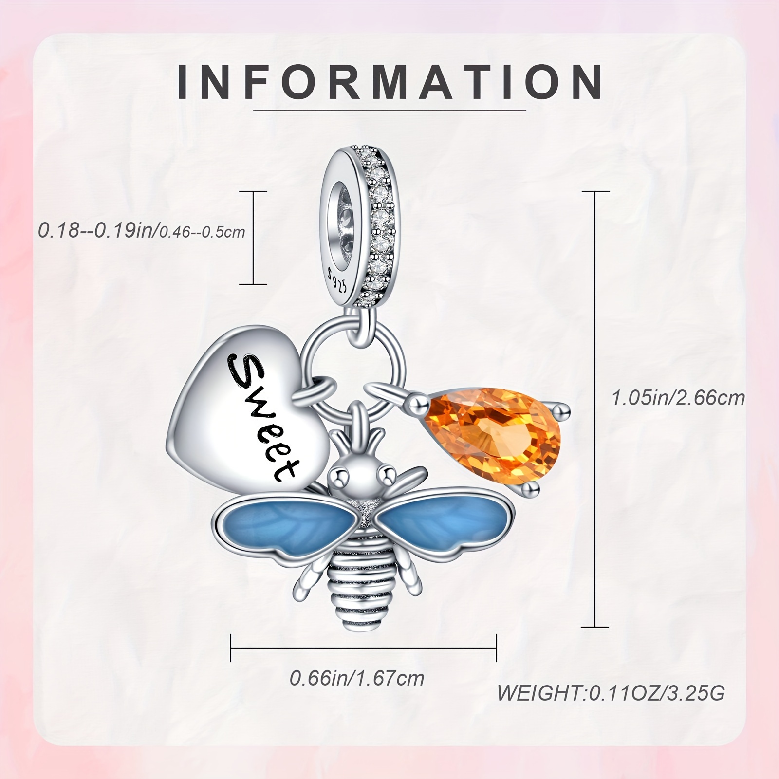 Sweet Heart Bee & Orange 925 Sterling Silver Pendant Charm