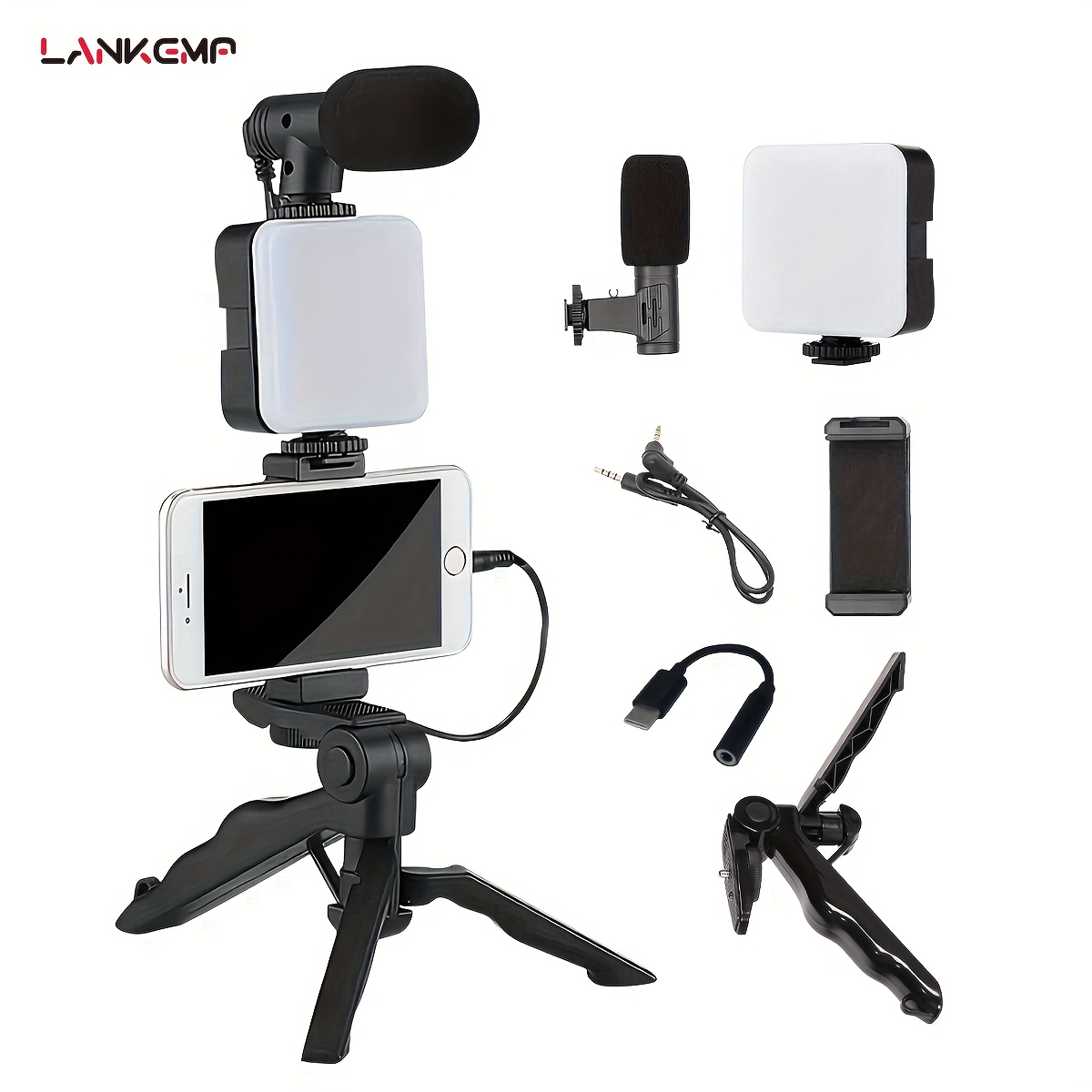 LANKEMP Kit for iPhone, Android (with Tripod), with Mini LED Video Light + Cardioid Microphone + Phone Clip + Tripod for Video Calling, Vlogging, YouTube, Instagram, TikTok