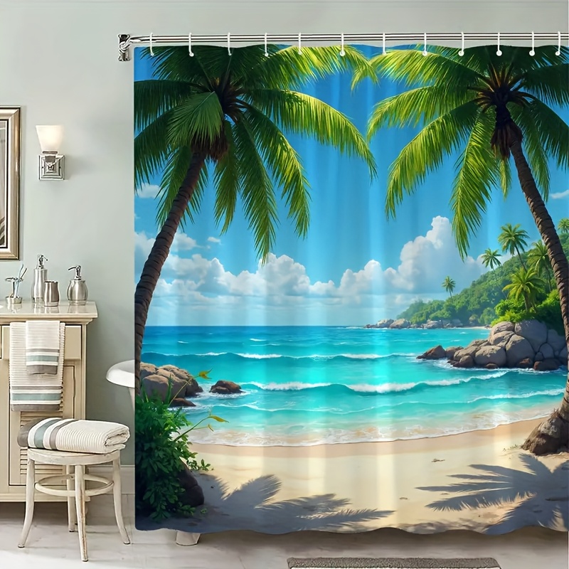 TEMU 1pc White Cloud Tropical Beach Leisure Printed Shower Curtain, Suitable For Bathroom Decoration, Toilet Shower Curtain, Window And Decoration,