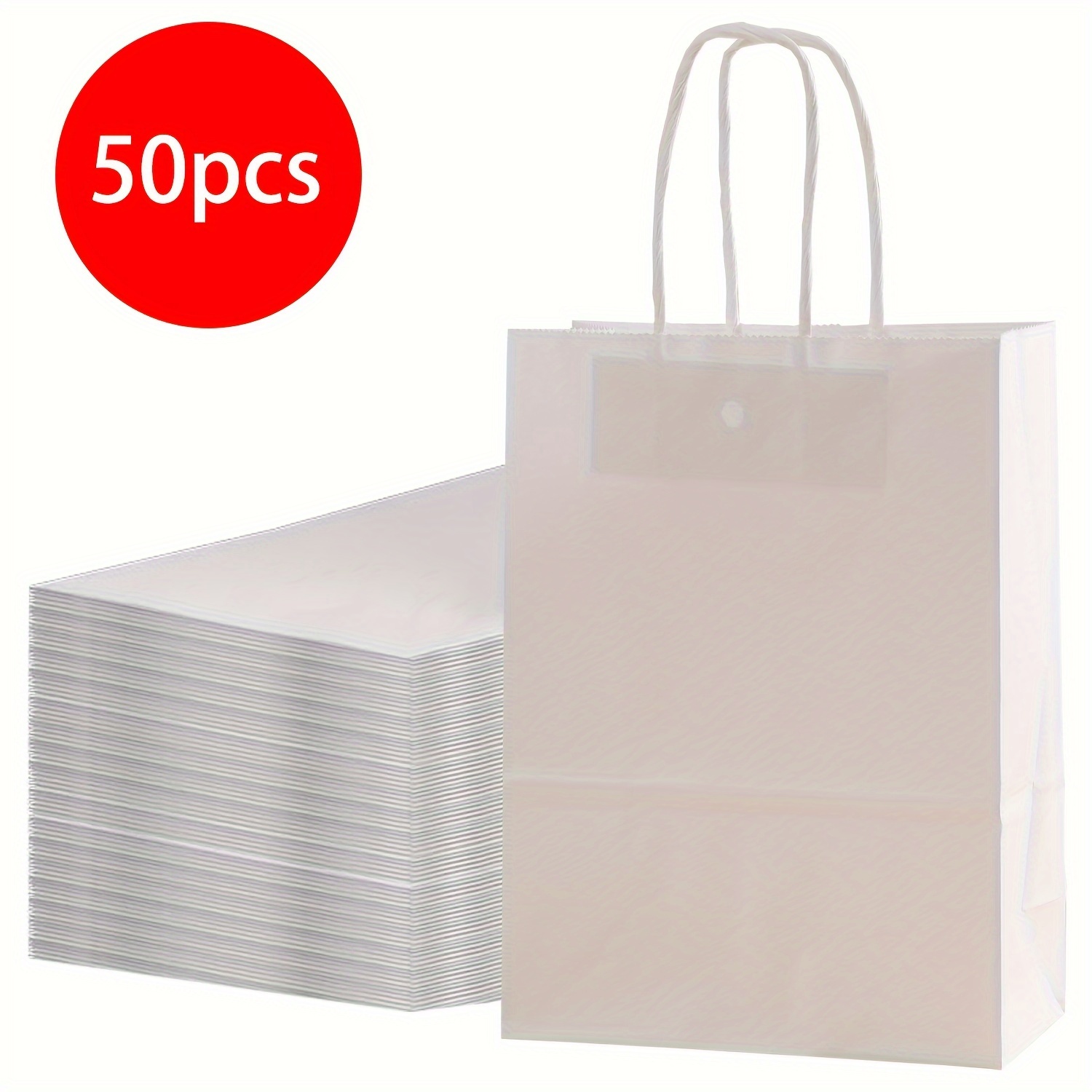 

50 White Paper Bags With Handles - 13x10x5 Inches - Gift Bags, Sos Bags, Recyclable Paper Bags - Perfect For Shopping, Office, Or Party Packaging