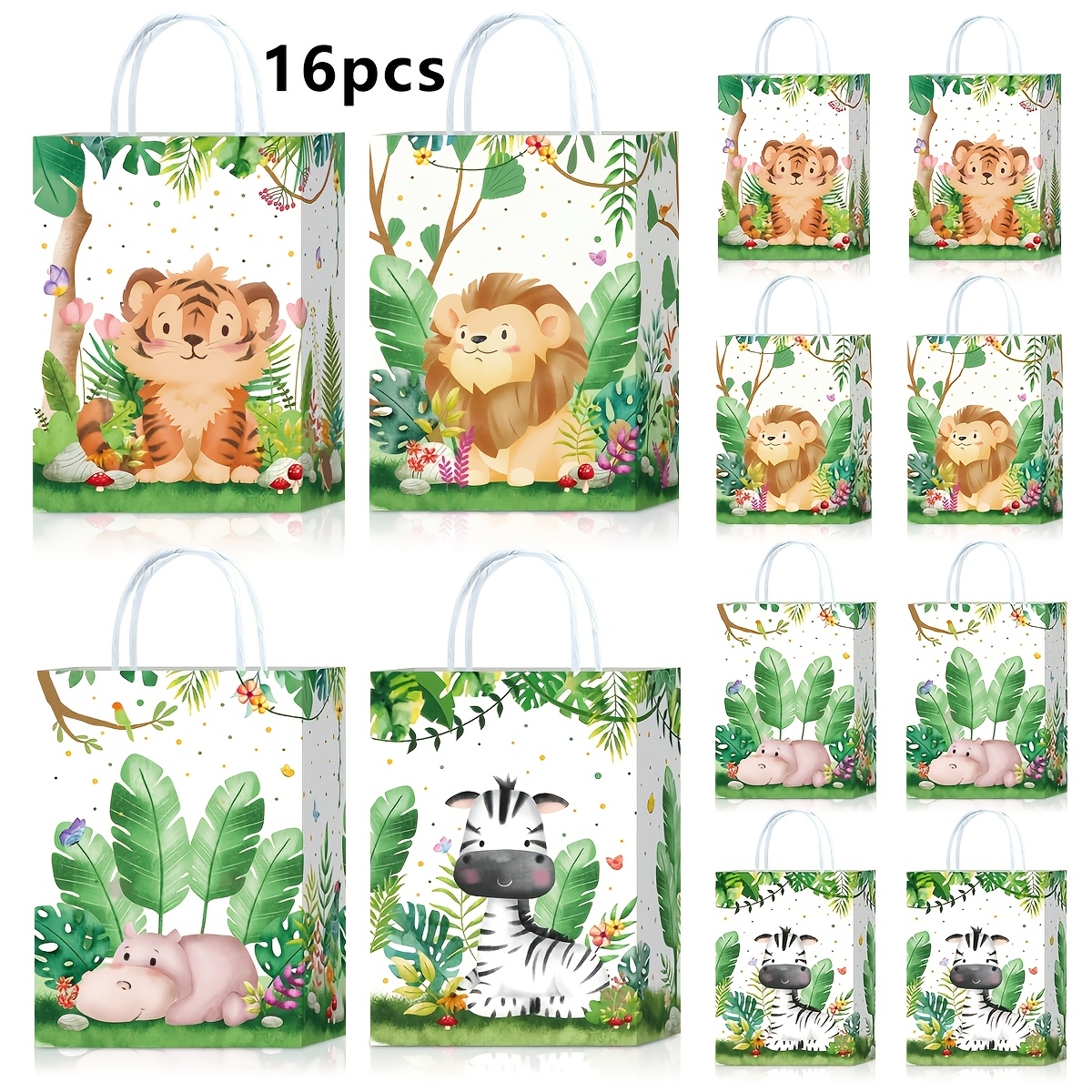 TEMU 8/12/16/24pcs Jungle Animal Party Gift Bags, 4 Styles, Cute Animal Brown Paper Bags With Handles, Size 16 X 8 X 22cm, Suitable For Birthdays,