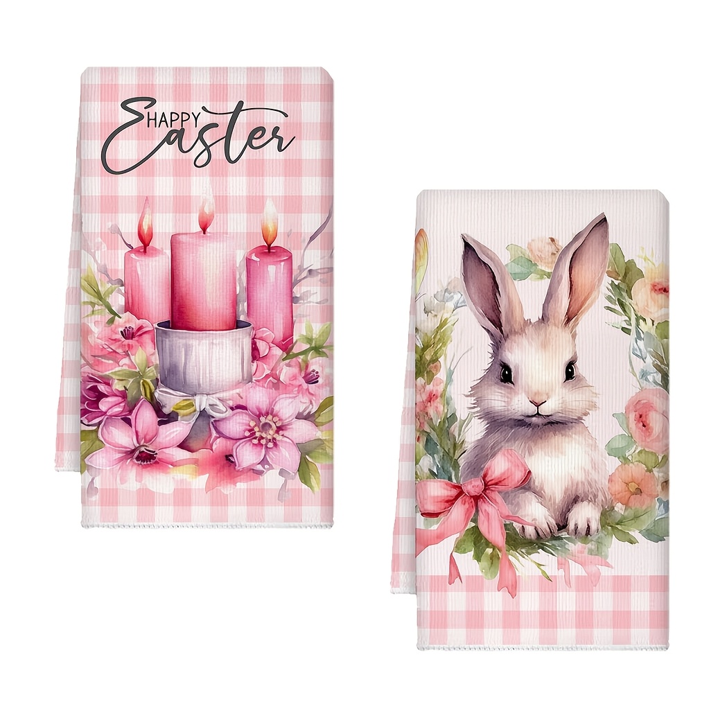 

2-pack Easter Pink Dish Towels, Cute Bunny & Easter Candle Design, Cartoon Themed Kitchen Towels, Contemporary Style, Machine Washable, Rectangular Microfiber For Kitchen & Bathroom Decor