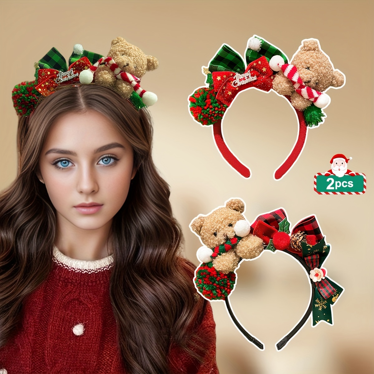 

1/2pcs 's Christmas Bear Bow Headband, Fashionable Accessory, , , , Christmas Hairband/headband, No ,