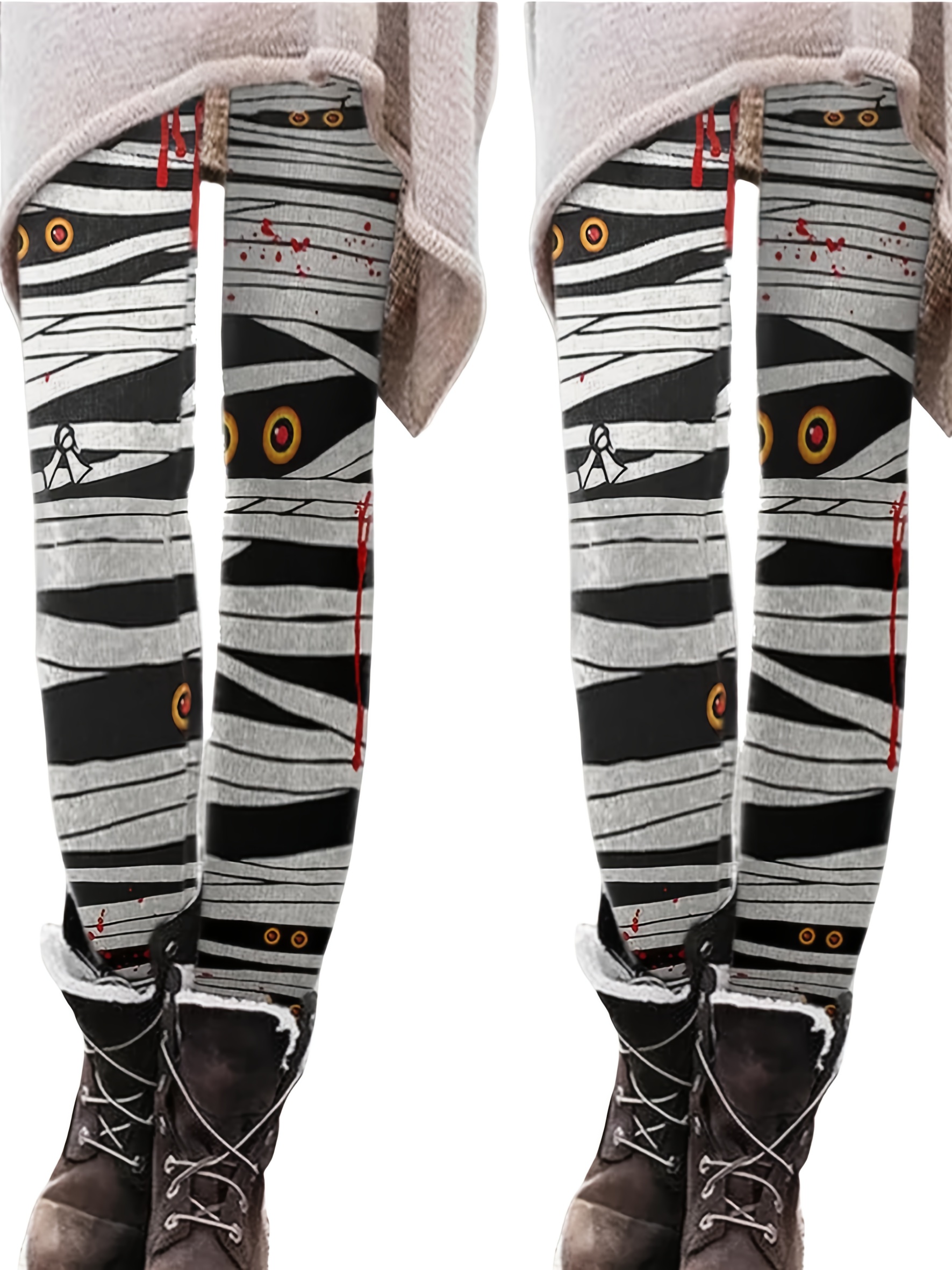 2pcs Women's Halloween Bandage Print Tights High-Stretch Black White  Striped Leggings with Red Accents, Machine Washable Casual