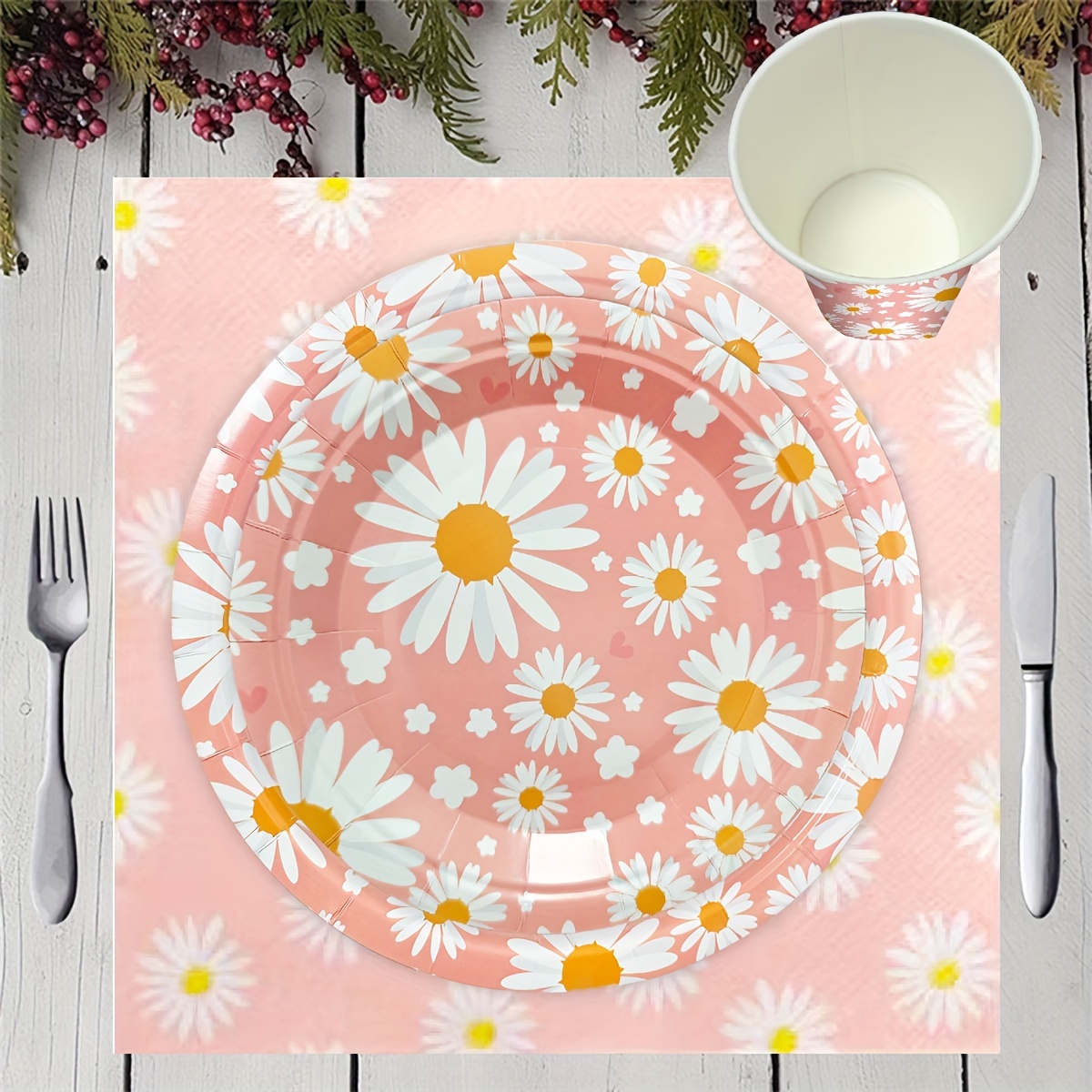 Macaron Daisy Birthday Party Set: * a Macaron Daisy Banner, a Floral Birthday Hat, And a Shiny Cake Decoration, * Birthday Party Decor And Photo Props.