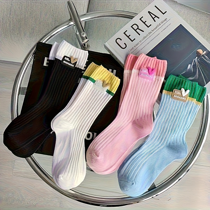 Image of 4 Pairs Of Women's Dopamine Color Scheme Thin -block Additions Trendy Socks Niche Mid-tube Socks