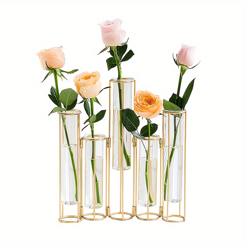 TEMU Test Tube Vase With 5 Test Tubes, Gold Flower Vase For Centerpiece, Water Jet Gold Flower Vase With Metal Bracket, Glass Propagation Plant Vase For Wedding Home Decoration