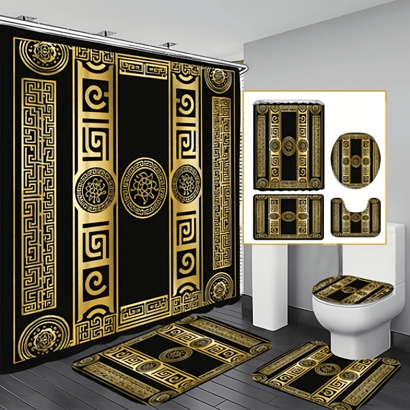 TEMU 4pcs Style Shower Curtain Set, Black& Golden Pattern Decor, Multi-functional Partition Shower Curtain With 12 Hooks, Non-slip Bath Mat, U-shaped