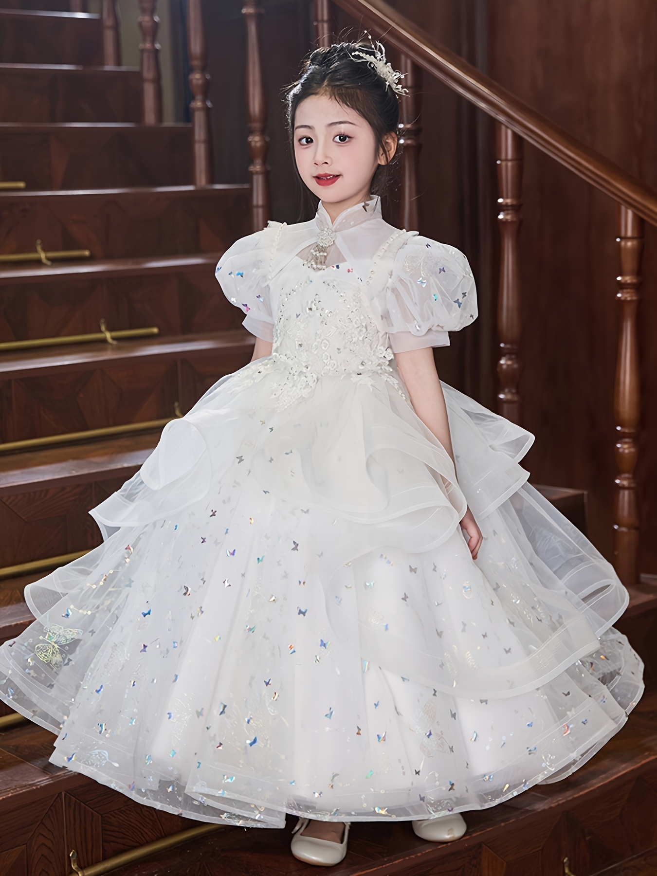 girls elegant white princess dress lantern sleeves sparkling - Temu South  Africa