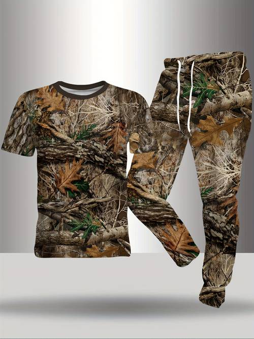 jungle camouflage pattern full body casual round neck pullover short sleeved t shirt long pants couples set for spring and summer branch pattern print long sleeved pullover top and drawstring pants 2pcs set