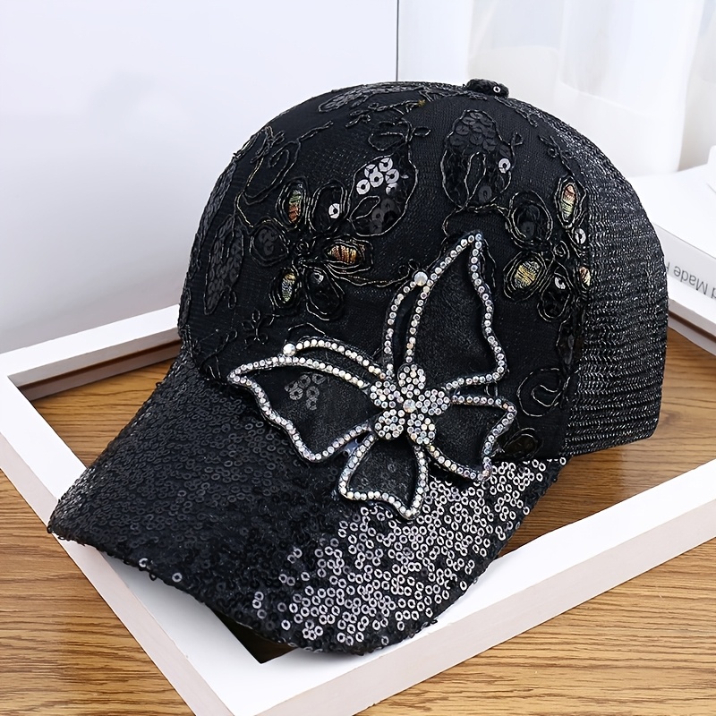 TEMU Women's Adjustable Duckbill Baseball Cap With Large Sequin Decoration - Breathable Duckbill Hat Suitable For Spring, Summer, Autumn, Parties,