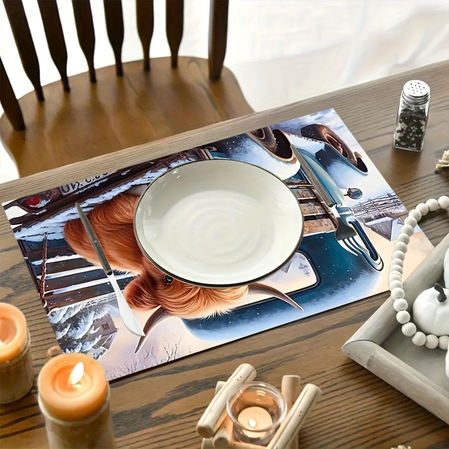 

4pcs Set Cow & Car Polyester Placemats - , Rectangular Table For Dining & Coffee Tables, For