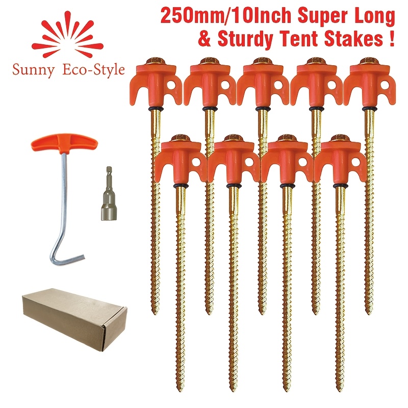 Tent Stakes Heavy Duty Screw, 250mm/10inch Super Long And High Strength Ground Anchors Screw In, Camping Stakes With Hex Head Driver And Spike Puller, Metal Threaded Tent Spikes(new Arrival Stakes)