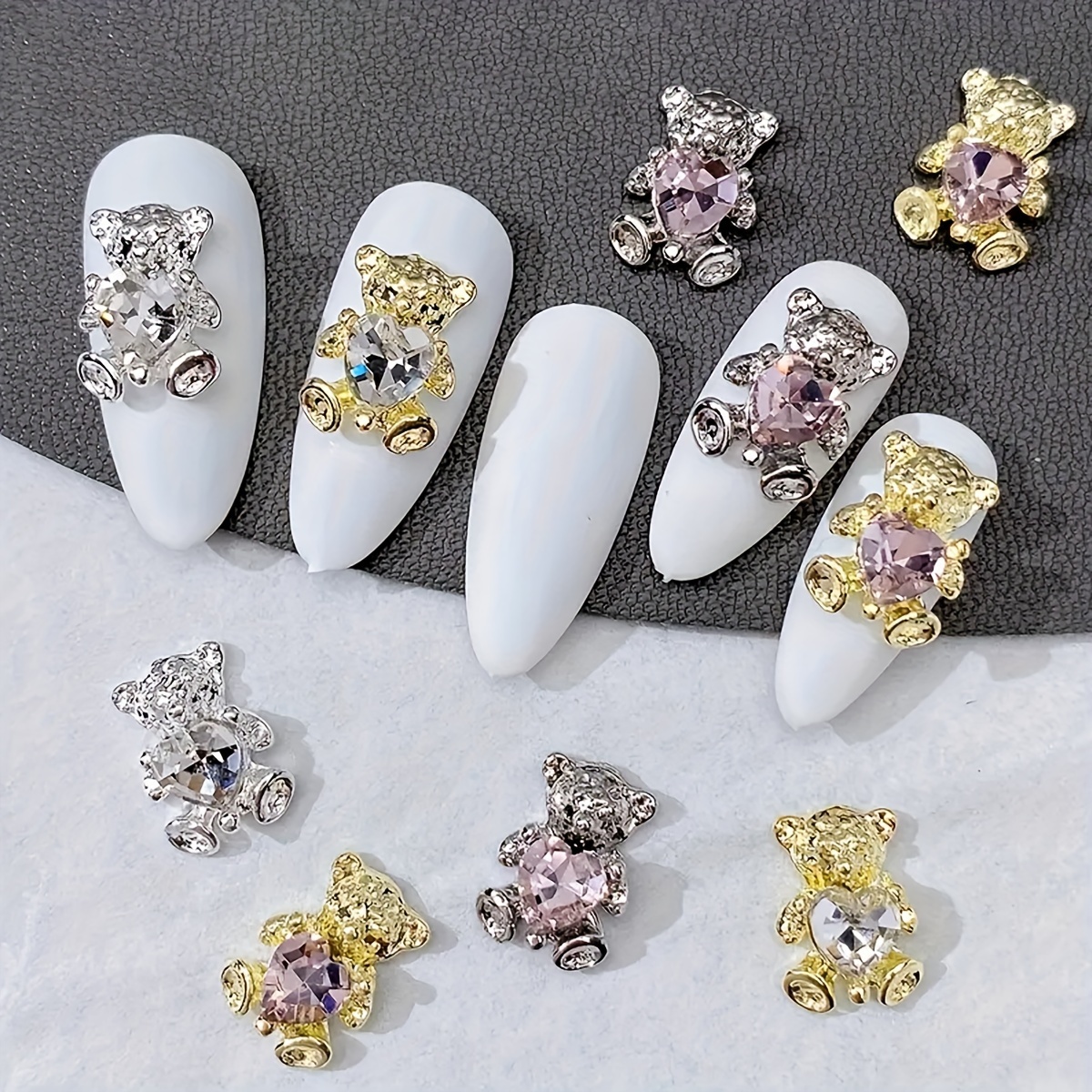 

10-piece Bear Nail Art Charms Set - 3d Golden & Silver Alloy, Crystal , Heart Nail Rhinestones - Unscented Diy Nail Design Accessories For Manicure, Crafts & Nail Decoration