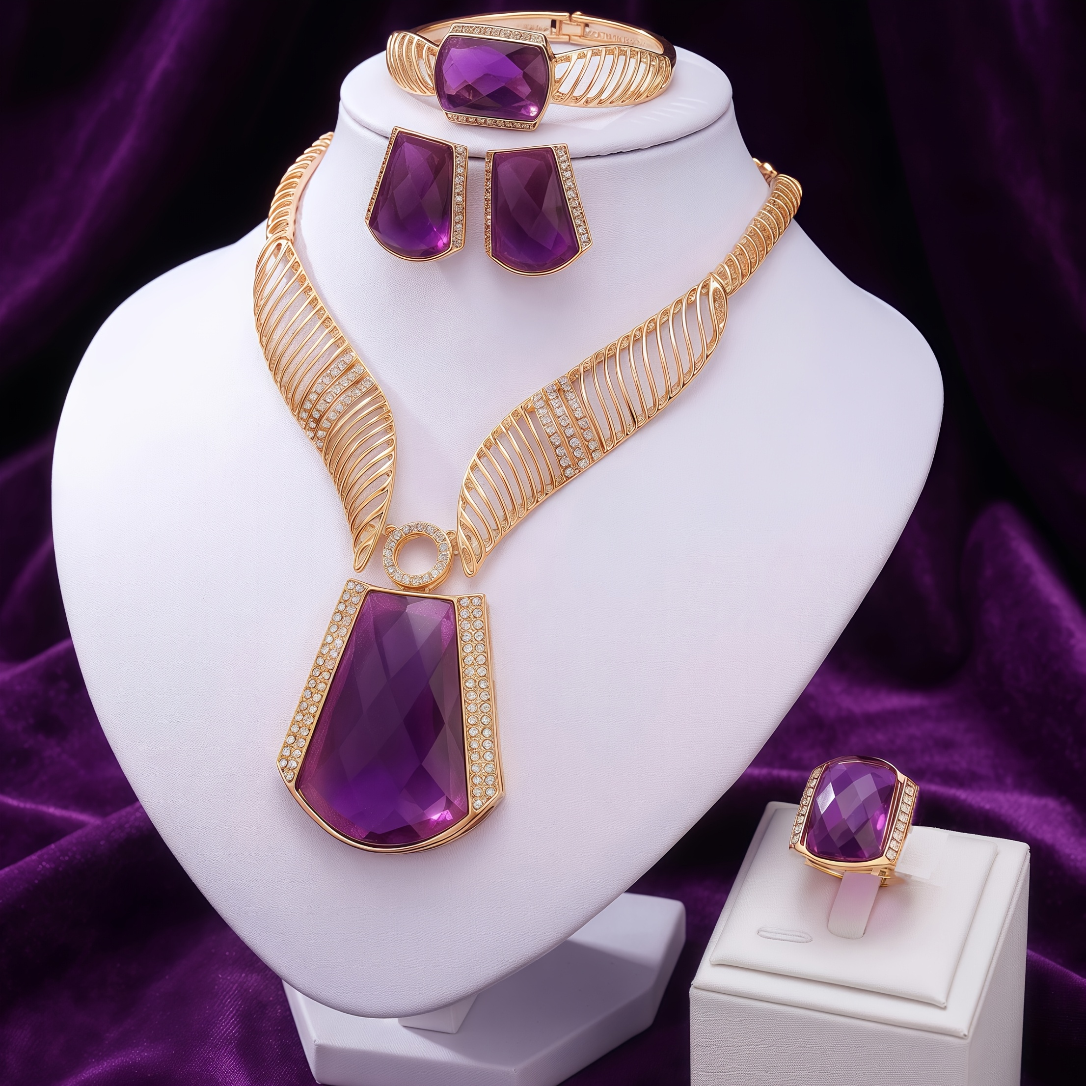 TEMU Elegant Purple Jewelry Set For Women: Necklace, Earrings, Bracelet, And Ring Combo, Perfect For Daily Wear, Gifting, Parties, Music Festivals,