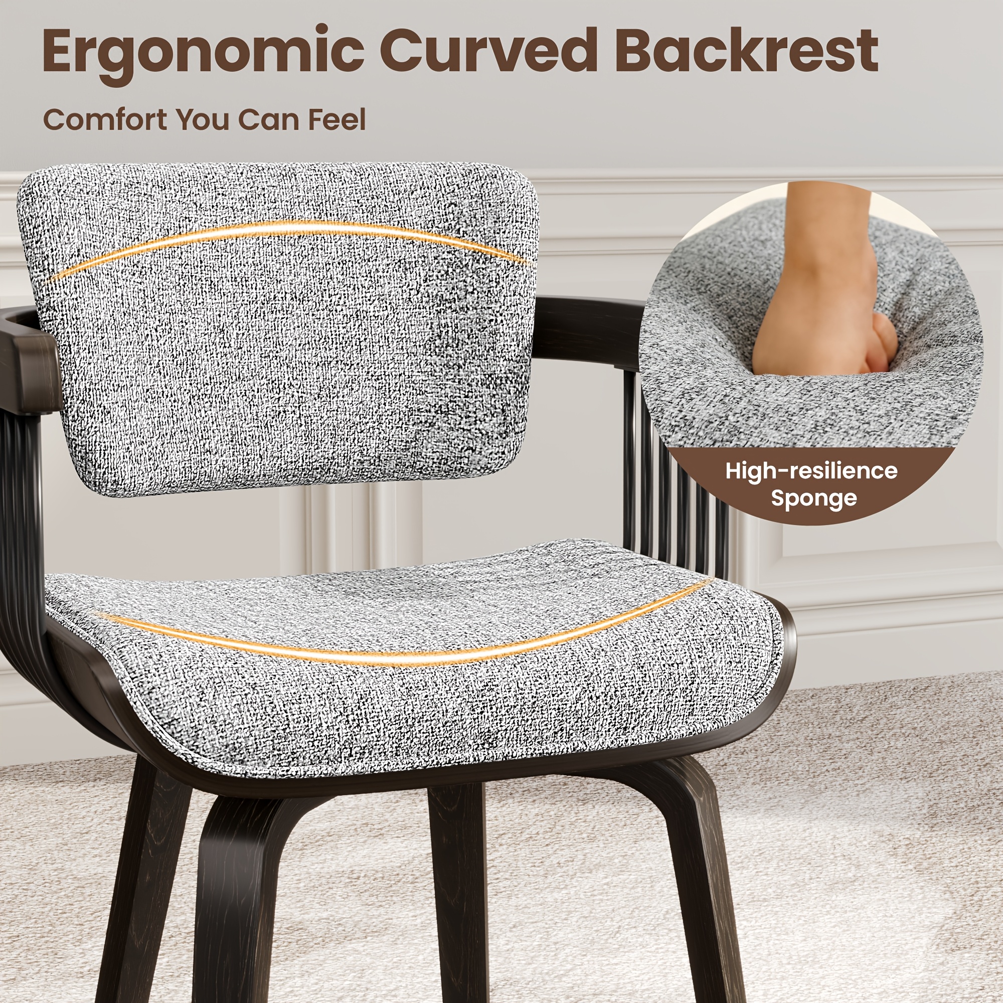 Two Ergonomic Wooden Dining Chairs, Curved Bentwood Backrest And Seat, High-Density Foam Cushion, Modern Semi-Armrest Kitchen Chair