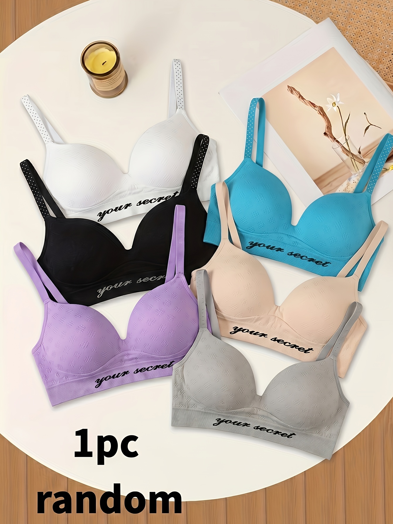 6 colors random womens underwear random color textured fabric no steel ring soft support polka dot adjustable shoulder strap letter print lower   daily seamless underwear womens gathering bra