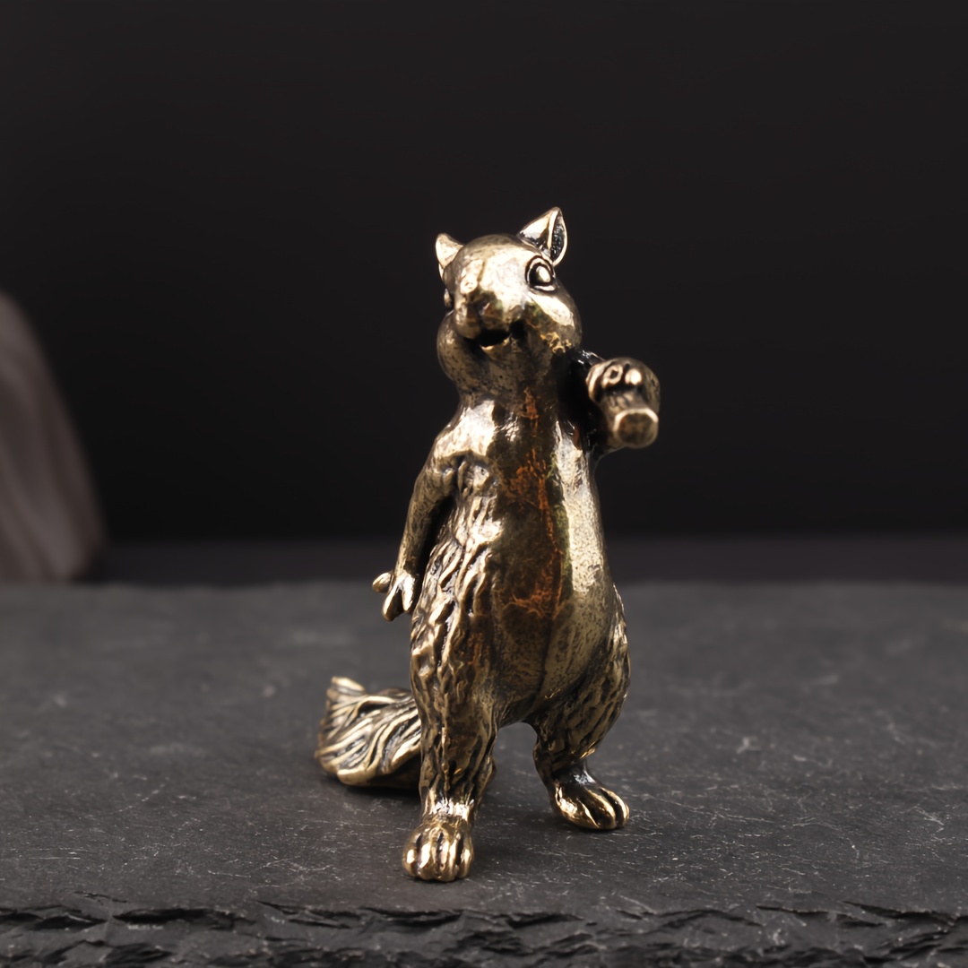 TEMU Vintage Anime Squirrel & Pine Cone Brass Figurine - Cute Squirrel Decor With Antler Office Desk Shelf Decoration, Durable Yellow Brass Ornament,