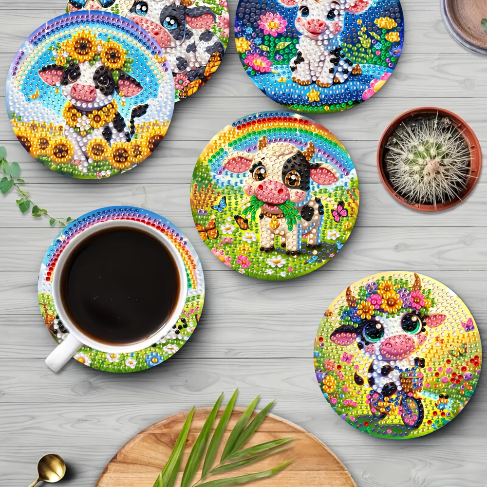TEMU 6pcs Cow-themed Diamond Painting Coaster & Cup Holder Diy Round Drink Pads Suitable For Home, Office, Car - Cow , Gift For &, Party Favors,