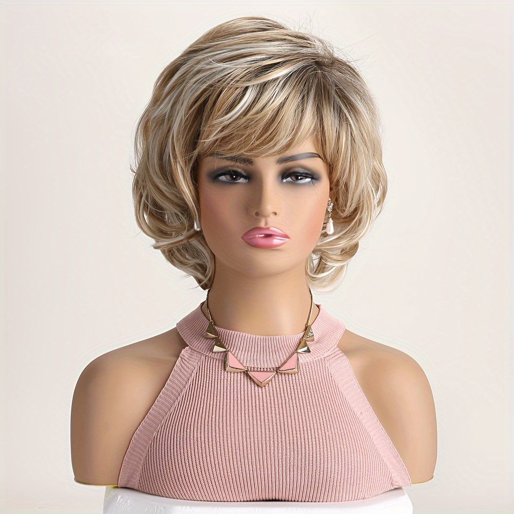 

Chic Women's 10-inch Blonde Cut Wig With Side Bangs - Curly Waves, High-temperature Resistant Synthetic Hair, Ideal For , Festivals, Balls, And Blonde Female Role Halloween Costumes