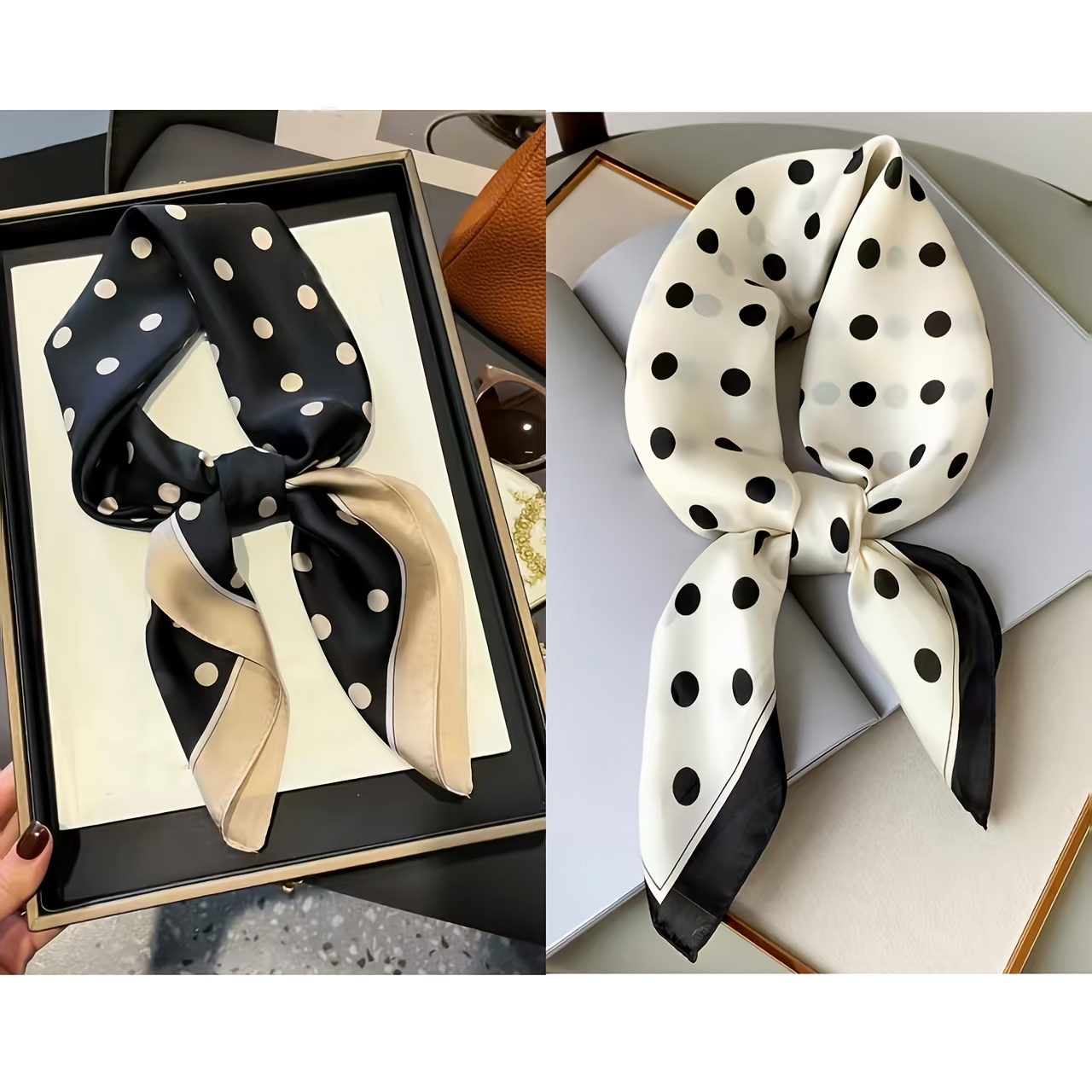 TEMU 2pcs Polka Dot Satin Scarves Suitable For All, Soft Lightweight Square Scarves With Polka Dot Print, Elegant Suitable For &, Fashion Gift For