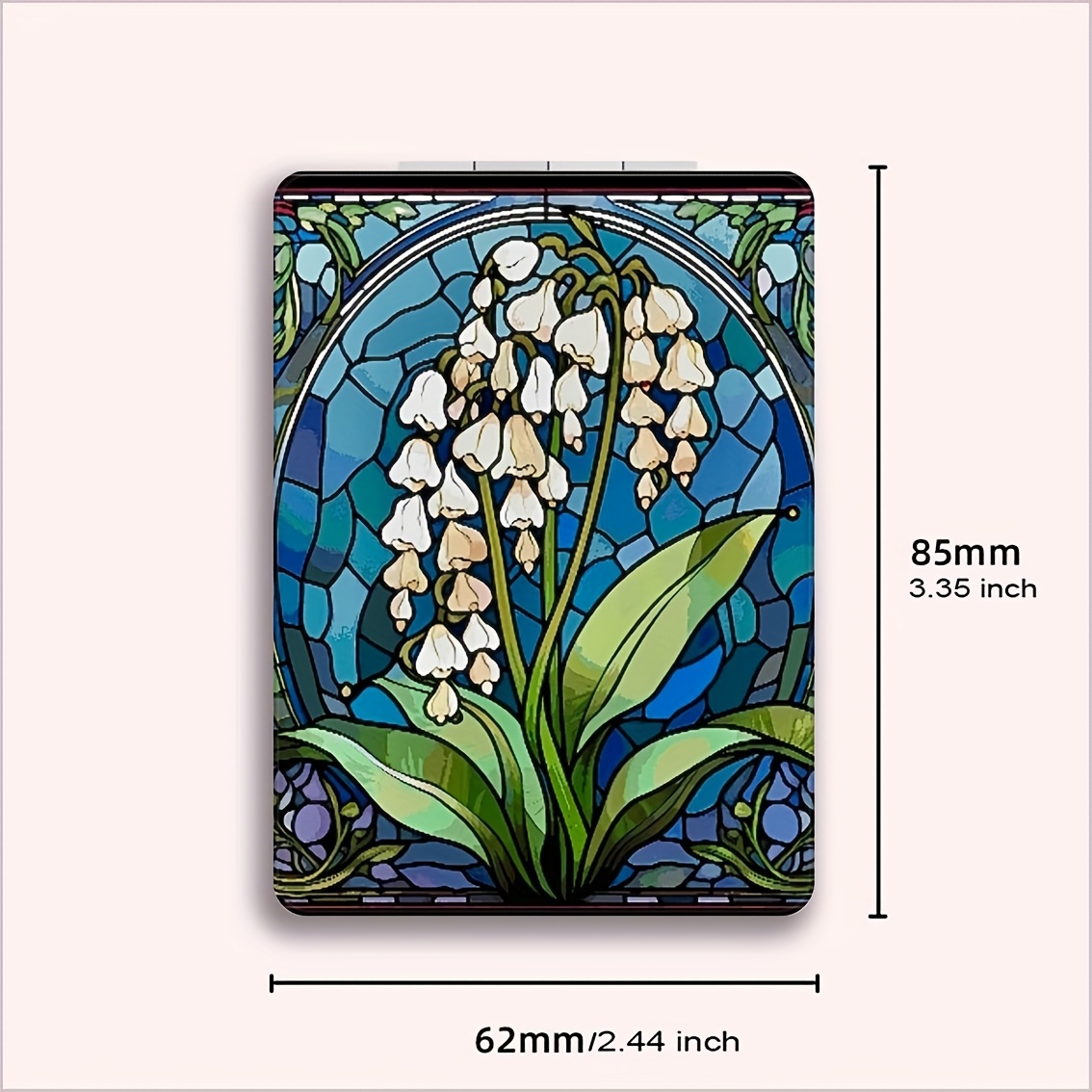 TEMU Beautiful Lily Of The Valley Stained Glass Fashionable Rectangular Makeup Mirror, Foldable Mini Handheld Mirror, Powdercoated Glass Surface,