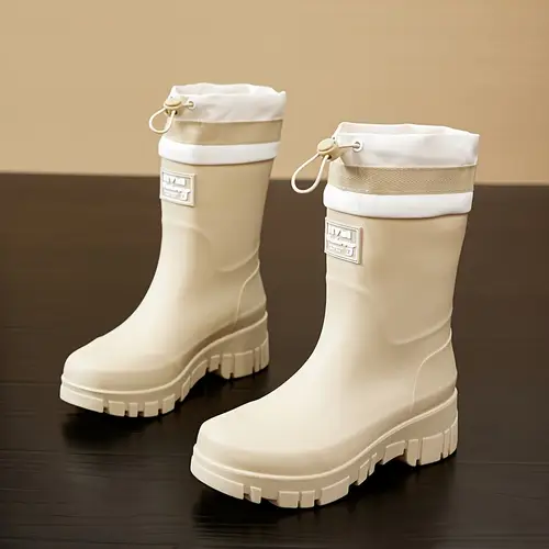 womens high quality pvc ankle boots with adjustable drawstring beige casual rain boots cushioned eva insole slip resistant sole for outdoor walking daily use high