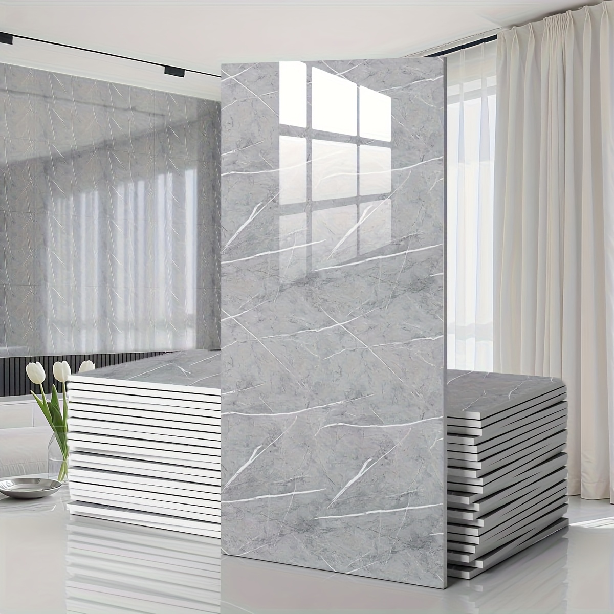 TEMU 20/40pcs Marble Pattern Wall Stickers, Oversized White Self-adhesive Vinyl Decals, Detachable High Gloss Finish For Home Decor, Kitchen,