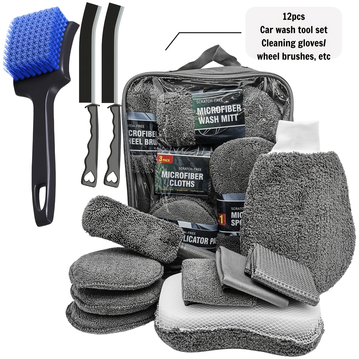 E-shop 11/12-teiliges Autowasch-Set inklusive Reifenbürste, Mikrofaserreinigungshandschuhe, Kratzerentfernungspads Detailschwämme für Innen-