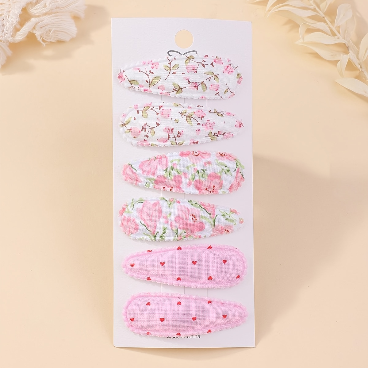 Image of 6-pack Sweet Floral Print Hair Clips - Assorted Pastel Colors With & Heart Patterns, Lightweight For Teens, Everyday Casual & Travel Accessories, Cute Hair Accessories, Rustic Charm Design