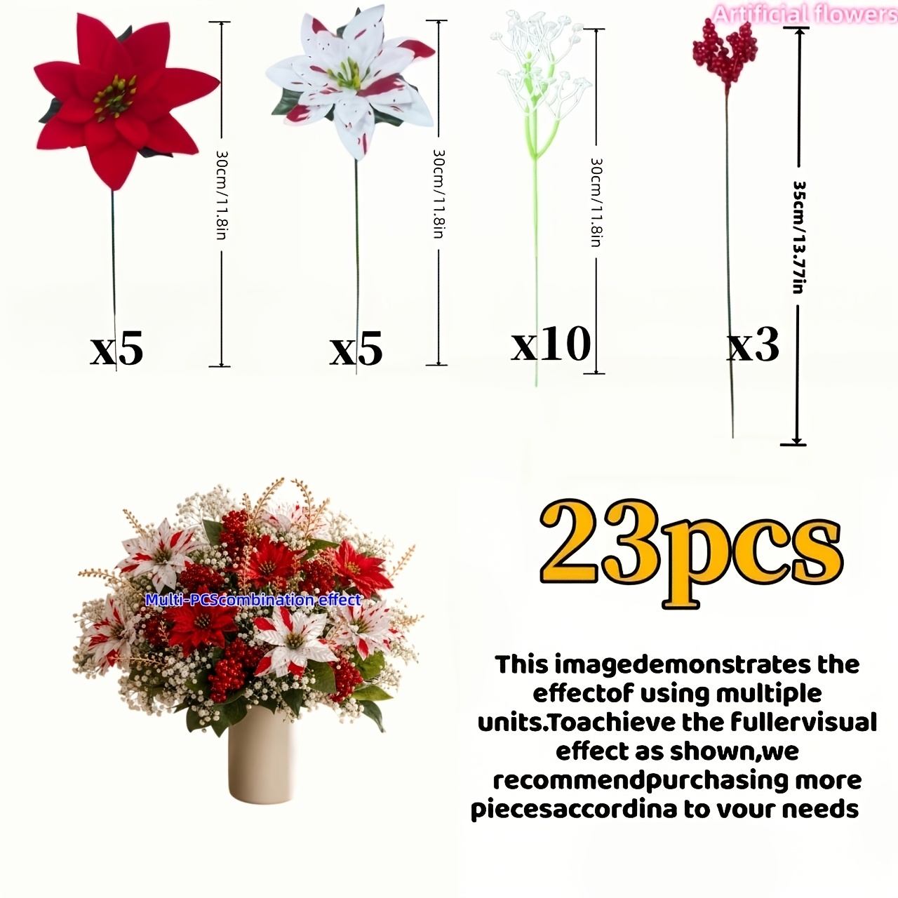 TEMU 23pcs-christmas Red White Artificial Bouquet Berries 's Breath -- Decoration Bouquet Artificial Flowers, Effective Uv Protection, Decoration,