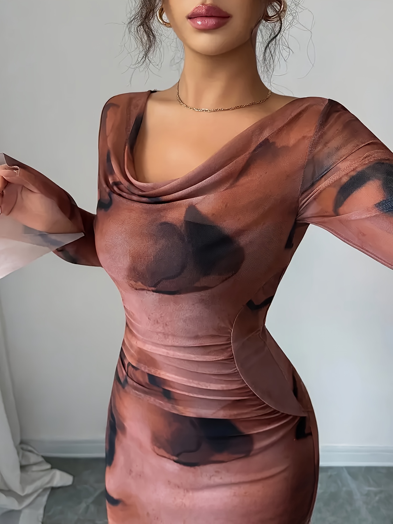 french style vintage floral print low cut mesh flared sleeve - Temu Oman