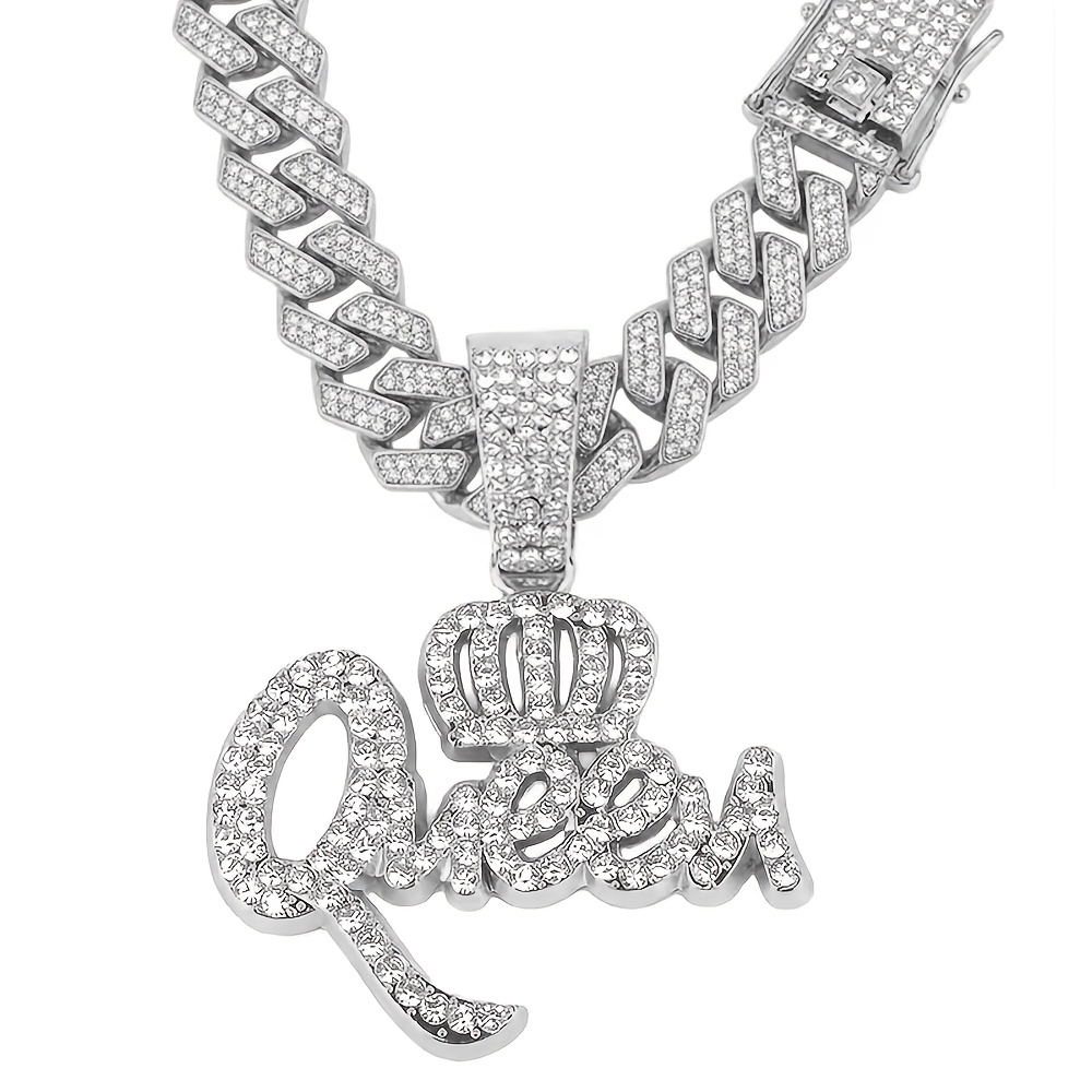 TEMU 1pc Queen Pendant Necklace For - Sparkling -embellished Cuban Chain With , High-quality Shiny Hip-hop Jewelry For Anniversary, Birthday, ,