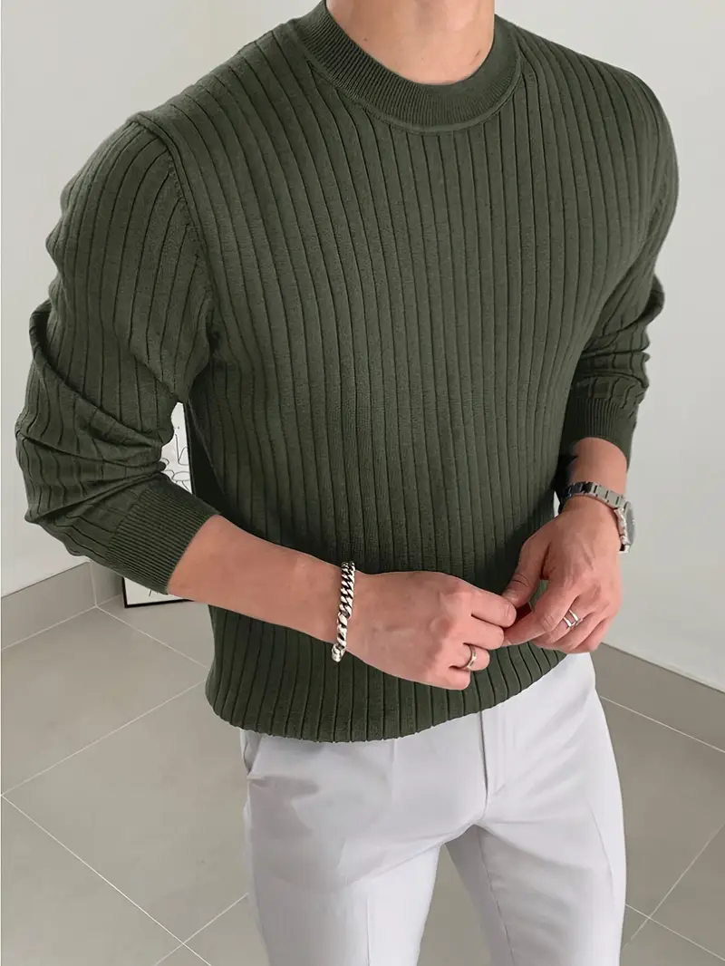 mens fashion casual crew neck long sleeve knit sweater regular fit ribbed pullover tops for spring and fall details 1