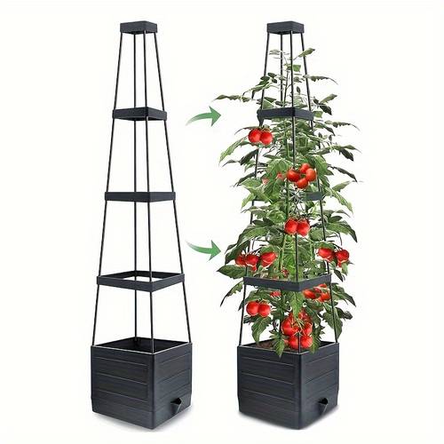 1 set tomatenturm mit selbstbewässerndem pflanzkasten spalier, tomatenpflanzgefäße für kletterpflanzen, gemüseranke, blumen, terrasse im freien, tomatenkäfig für kletterpflanzen, gartenstütze für drinnen draußen