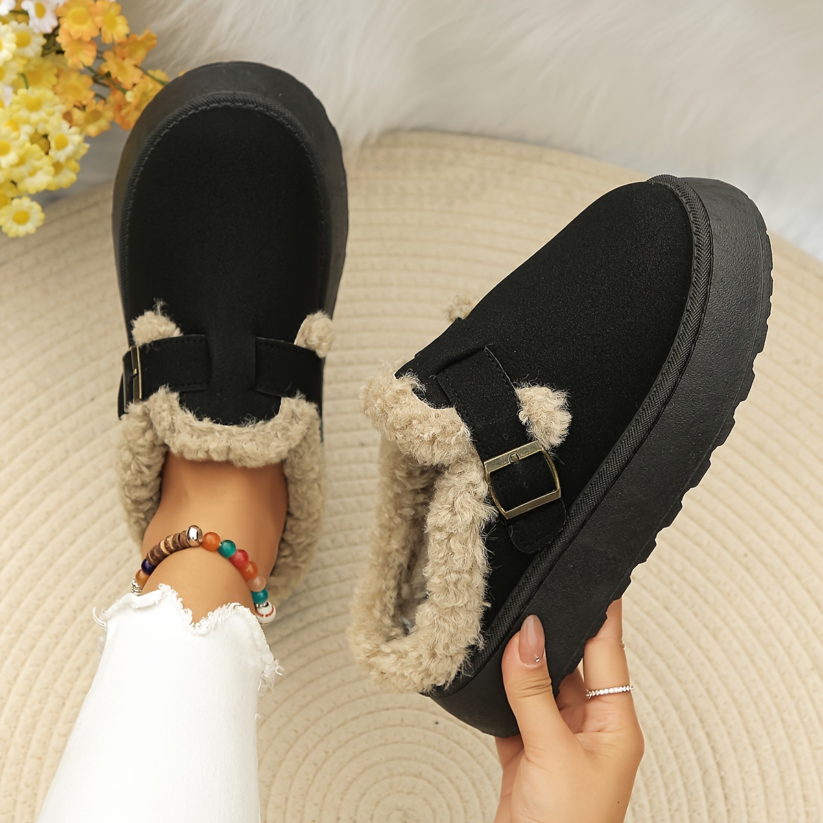 

2024 Autumn And Winter New 's Snow Boots, Plush And Thick Warm Thick-soled Winter Boots, Round Toe Slip-on Buckle Wool Slippers