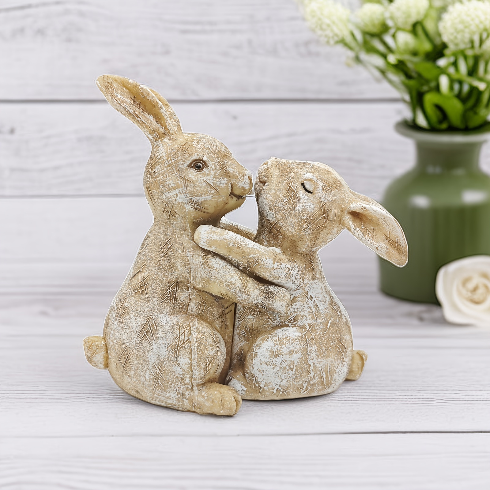 

1pc Classic Resin Hugging Bunnies Figurine, Couple Sculpture, Versatile Tabletop Decor For Home & Garden, Valentine's Day Gift